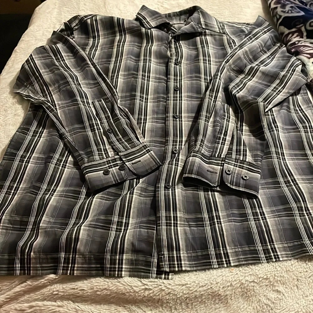 Pierre Cardin Black Plaid Button Down Sz L Preppy Business Party Career Casual